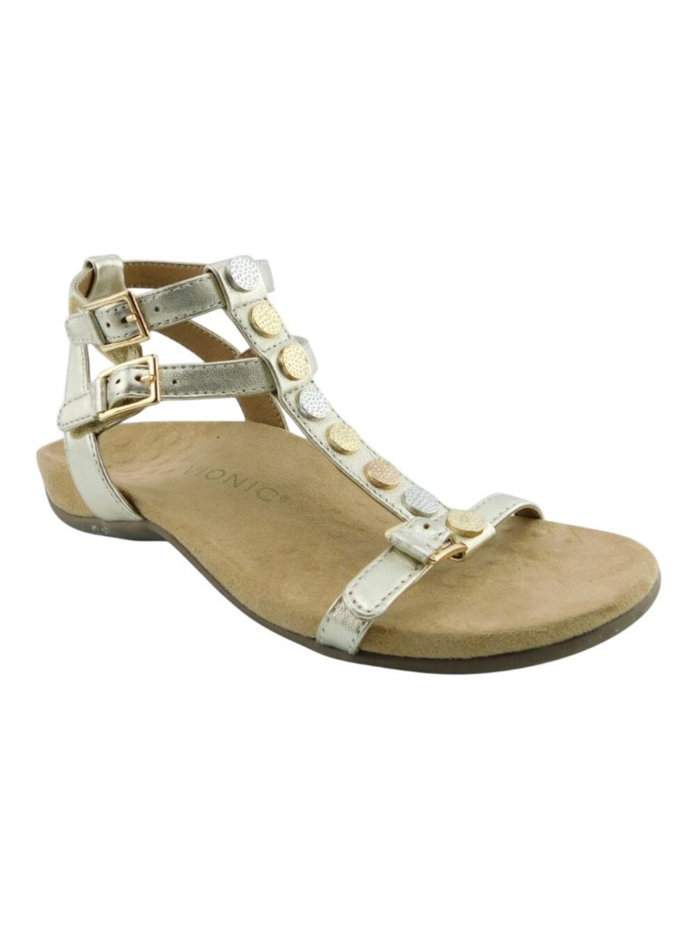 VIONIC Shimmer Platinum Gold Leather Gladiator Ankle Strap Flat Sandals 6